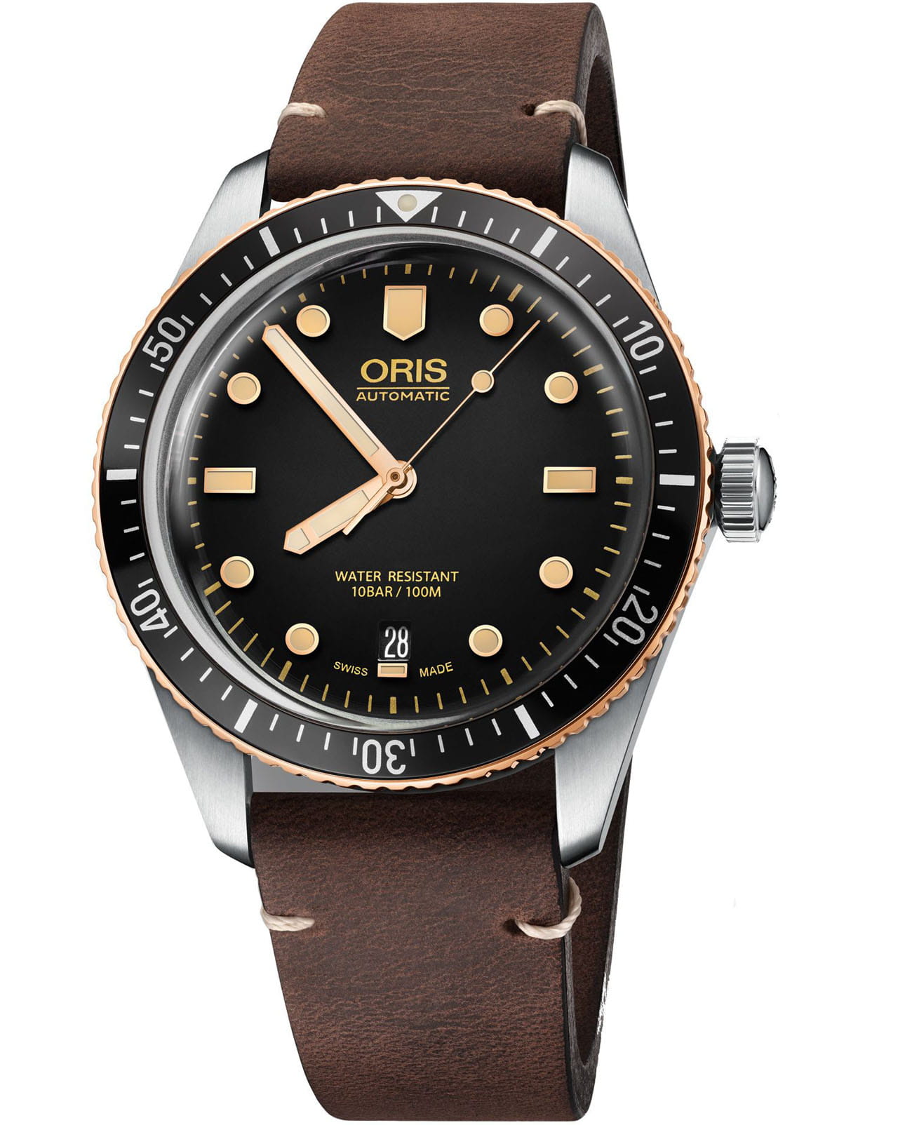 Oris Oris Divers Sixty‑Five 01 733 7707 4354-07 5 20 55  01 733 7707 4354-07 5 20 55 механические мужские часы черный циферблат, браслет кожаный — вид спереди